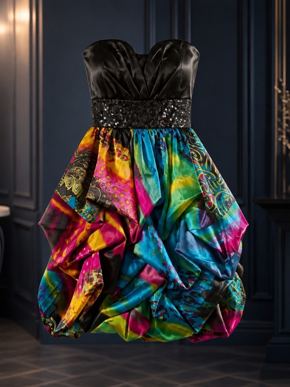 Homecoming Vintage Rainbow Bubble Hem Sequin Satin Cocktail Party Dress 4032
